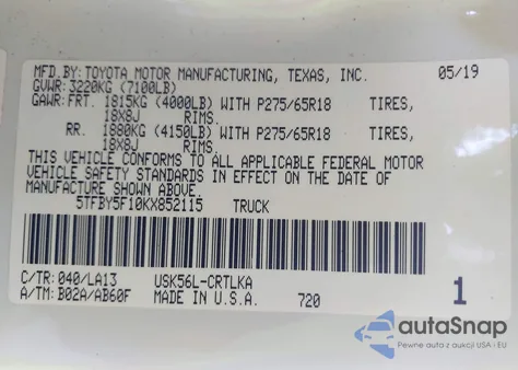 2019 Toyota Tundra Limited 5.7L V8 z USA, uszkodzony, nr VIN 5TFBY5F10KX852115